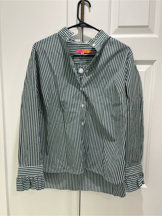 Vilagallo Tops - Vilagallo Green and White Striped Button-Down Shirt